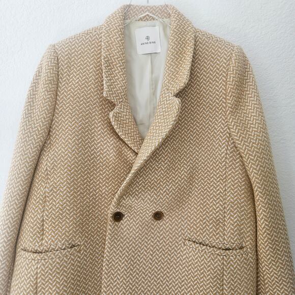 Anine Bing Oversized Fishbone Blazer Tan/White Herringbone Print‎ Size Large - Picture 2 of 11